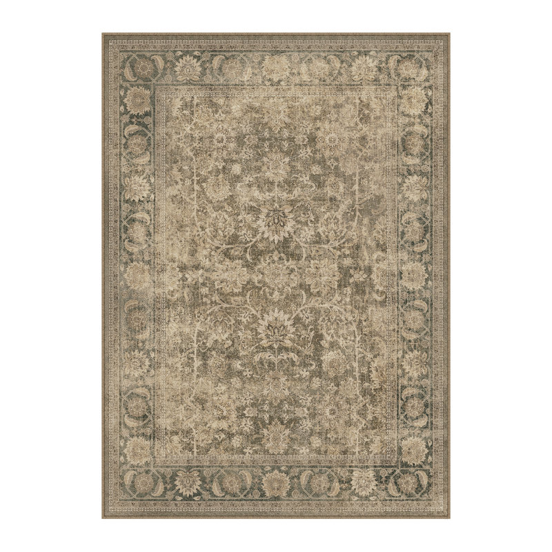 Tapis Rosalie lavable à la machine, motif floral vintage, avec envers antidérapant, Brown, Rectangle 8' x 10'