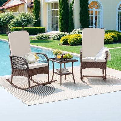 Patio Rocking Conversation Set for 2, PE Wicker Outdoor Rocking Chairs & Glass Table with Weather-Resistant Cushions, for Backyard Garden Deck Poolside Seating
