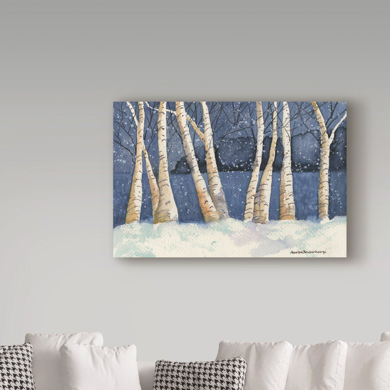 «Birch Snowy Night» par Mattox, reproduction d'aquarelle sur toile tendue, H 30 po x l 47 po x P 2 po