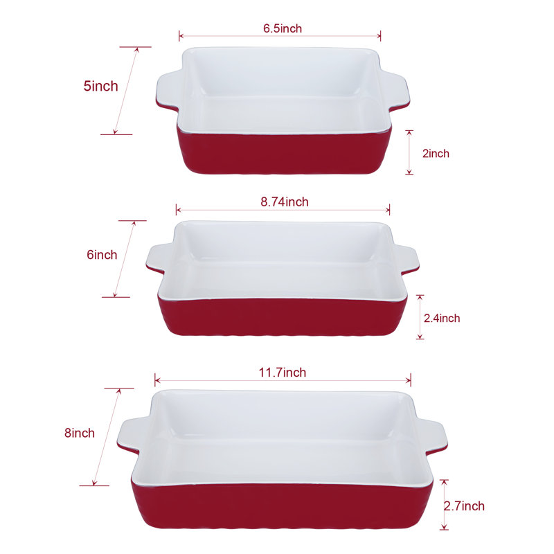 Sangdo Baking Pans Set Of 3 Rectangle Ceramic 3 Piece Baker Bakeware Set, Rouge