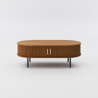 47'' Oval Wood Fluted Coffee Table With Storage, Mid-Century Modern, With Sliding Doors, Walnut Color, 2 Cabinets, For Living Room