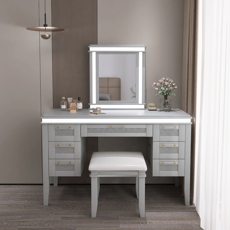 Modern Classic 48" Makeup Vanity With Mirror And Lights And Cushioned Stool, Grayish Blue