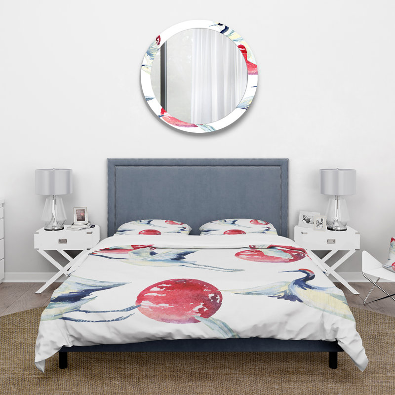 Asian Crane Bird With Red Full Moon - Ensemble de housse de couette traditionnel - Microfibre de polyester