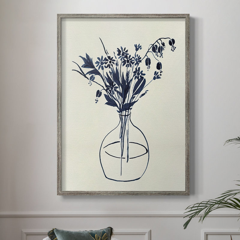 Indigo Floral Vase I, reproduction encadrée - bois massif, H 21 po x l 17 po