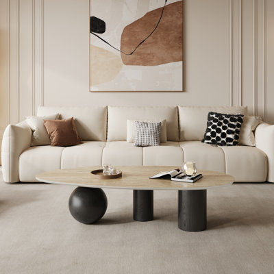 54” Modern Oval Coffee Table with Sintered Stone Top, Sculptural Wood Base, Stable Low-Profile Design for Living Room
