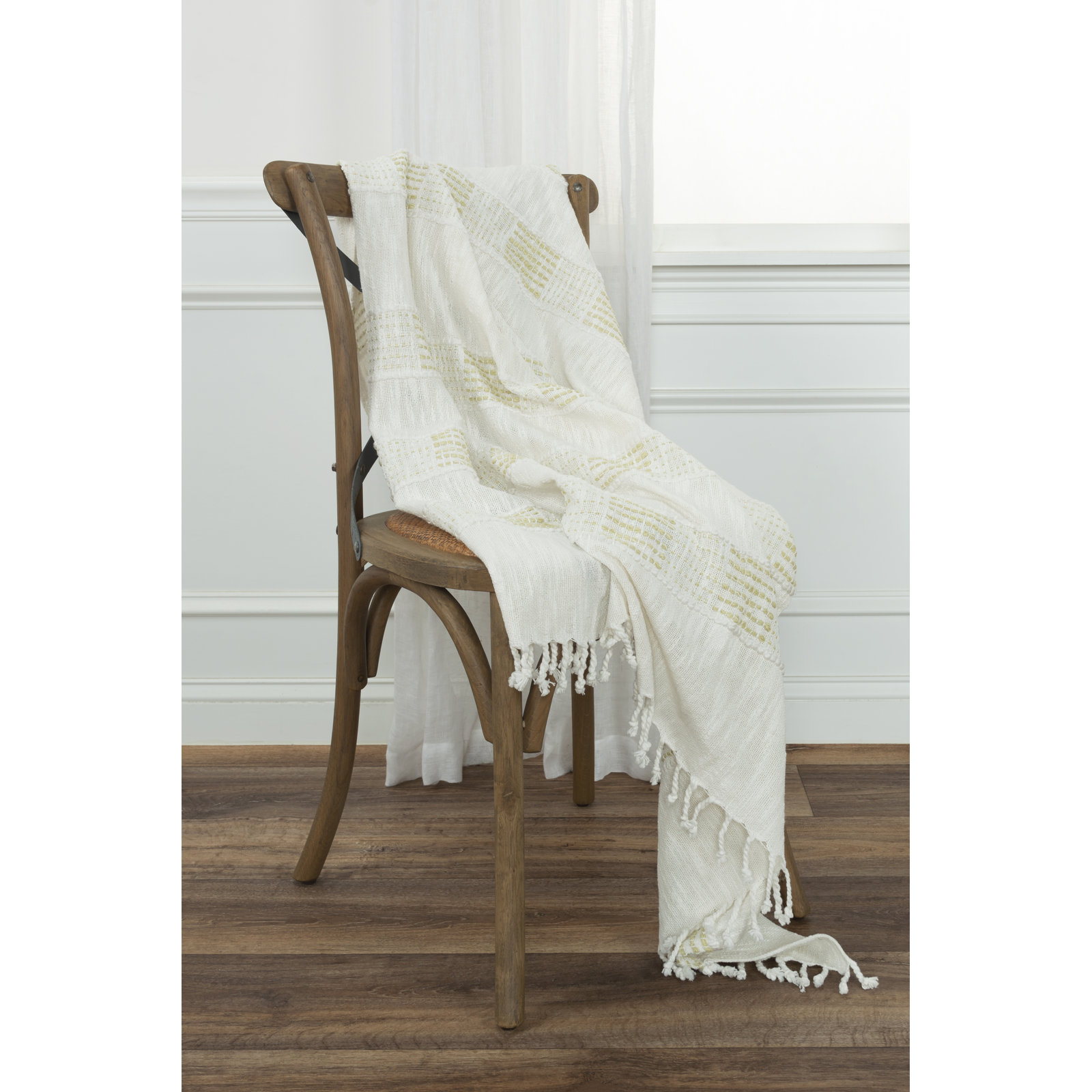 Alora Cotton Hand Woven Throw Blanket, White/Beige