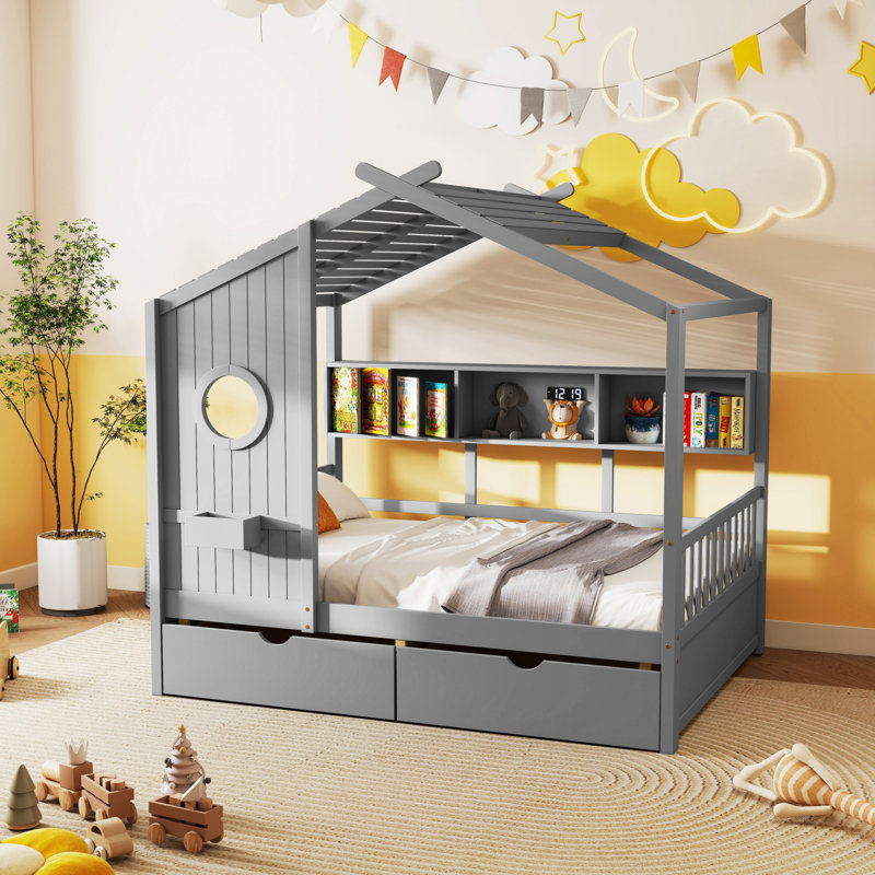 Lit simple en bois avec 2 tiroirs, lit pour enfant avec tablette de rangement (matelas non inclus), Gris, Lit simple