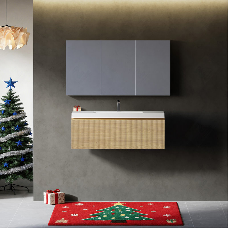 Ensemble de meuble-lavabo mural 36 po avec lavabo flottant blanc, Oak, 35", White Sintered Stone