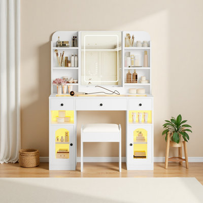 Meuble-lavabo 43,2 po avec miroir à DEL et lumières, meuble-lavabo à dessus en verre avec armoires en verre RVB, coiffeuse à 3 tiroirs, tablettes de rangement et tabouret pour la chambre à coucher