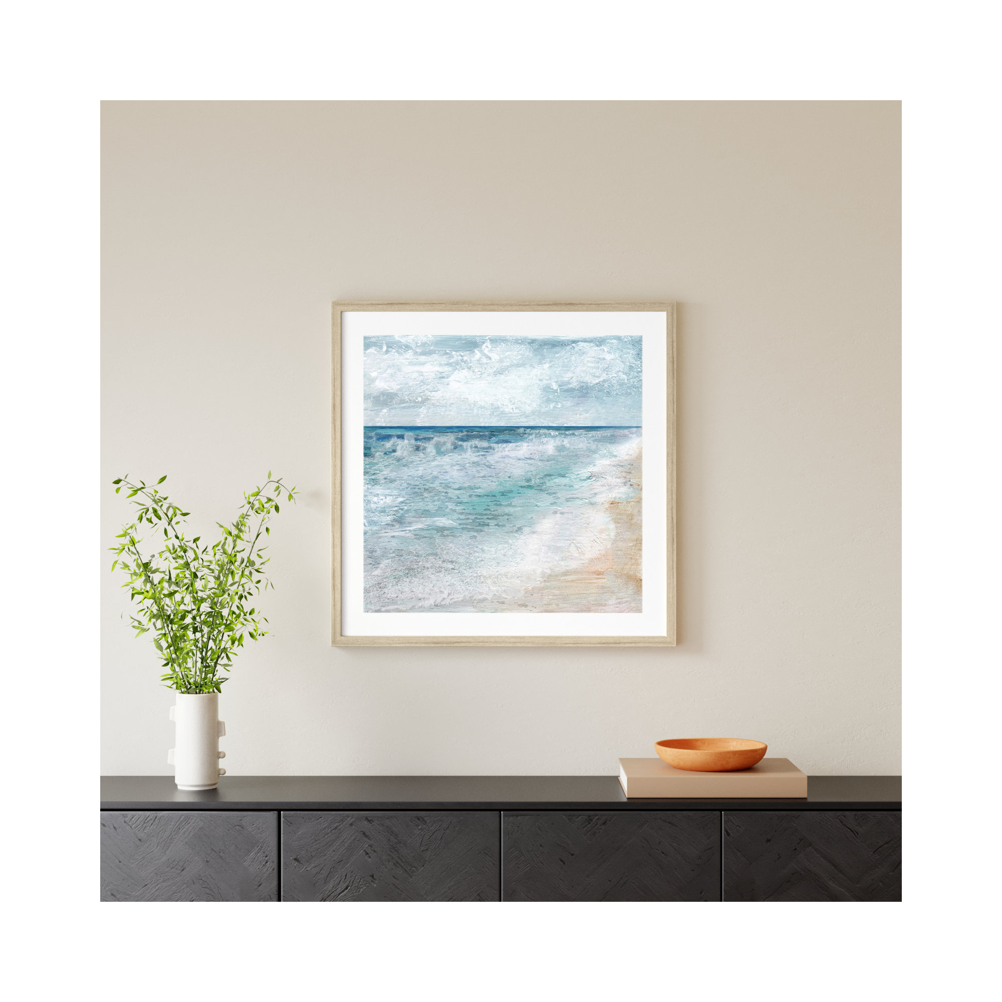 Shore Walk - Picture Frame Painting, Beige, 32.5" H x 32.5" W x 1.25" D