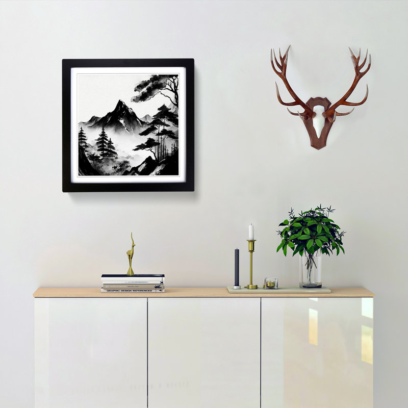 Japanese Mountains Ink Wash No.1 - Single Picture Frame Print on Wood, Black