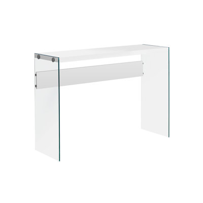 Contemporary Modern Glossy White Laminate & Clear Tempered Glass Narrow Console Accent Table for Entryway, Sofa, Living Room & Bedroom