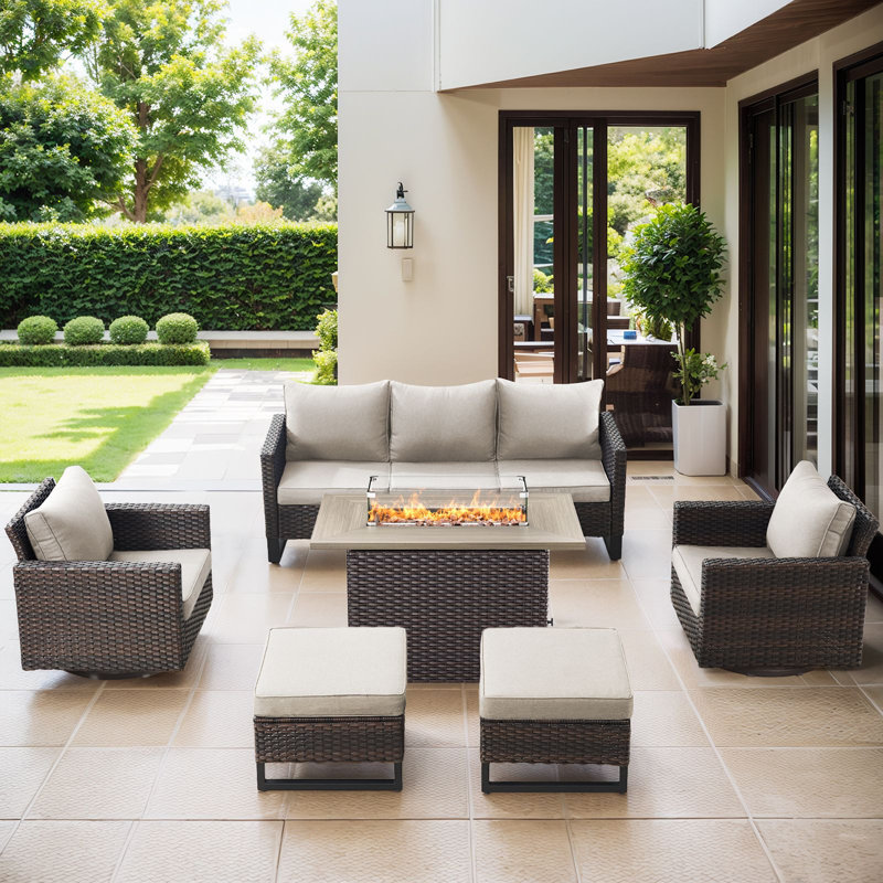 Naresa 6-Piece Outdoor Sofa Set, Wicker Patio Furniture Set With Fire Pit Table, All-Weather PE Wicker , Brown Wicker Beige Cusion