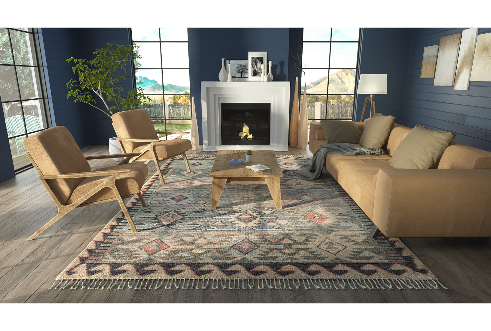 Blue Brown Beige Hand-Knotted Wool Rug, Rectangle 5' X 8'