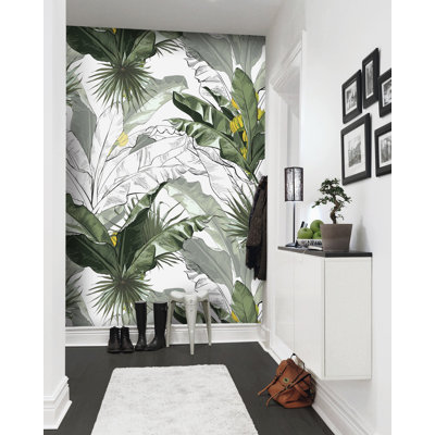 Charcoal Tropical Banana Leaf Pattern Exotic Removable Wallpaper