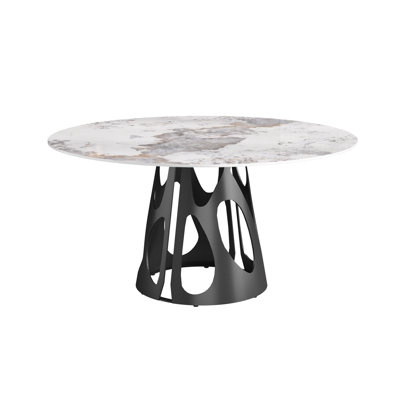 Table de salle à manger 59,28 po ronde en pierre frittée blanche avec base en fer noir, matériaux pour 6 à 8 personnes, plateau pour 6 à 8 personnes et utilisation polyvalente en métal,