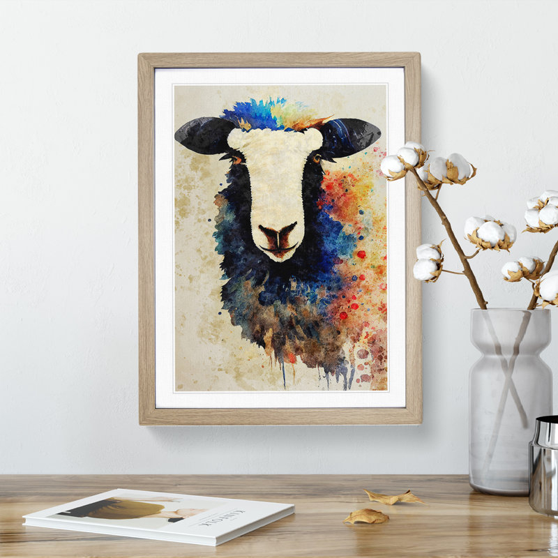Sheep No.5 - Single Picture Frame Painting, 64cm H x 46cm W x 2cm D, Oak