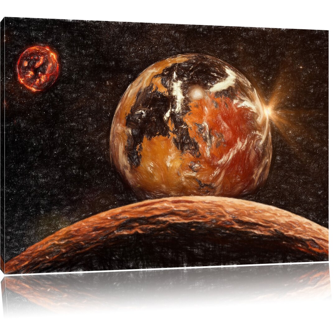 Leinwandbild „Rote Planeten in der Galaxie“, Grafikdruck