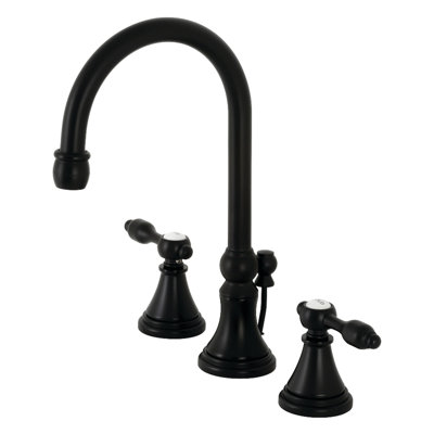 Kingston Brass Tudor Two-Handle 3-Hole Deck Mount Widespread Bathroom Faucet with Brass Pop-Up Drain