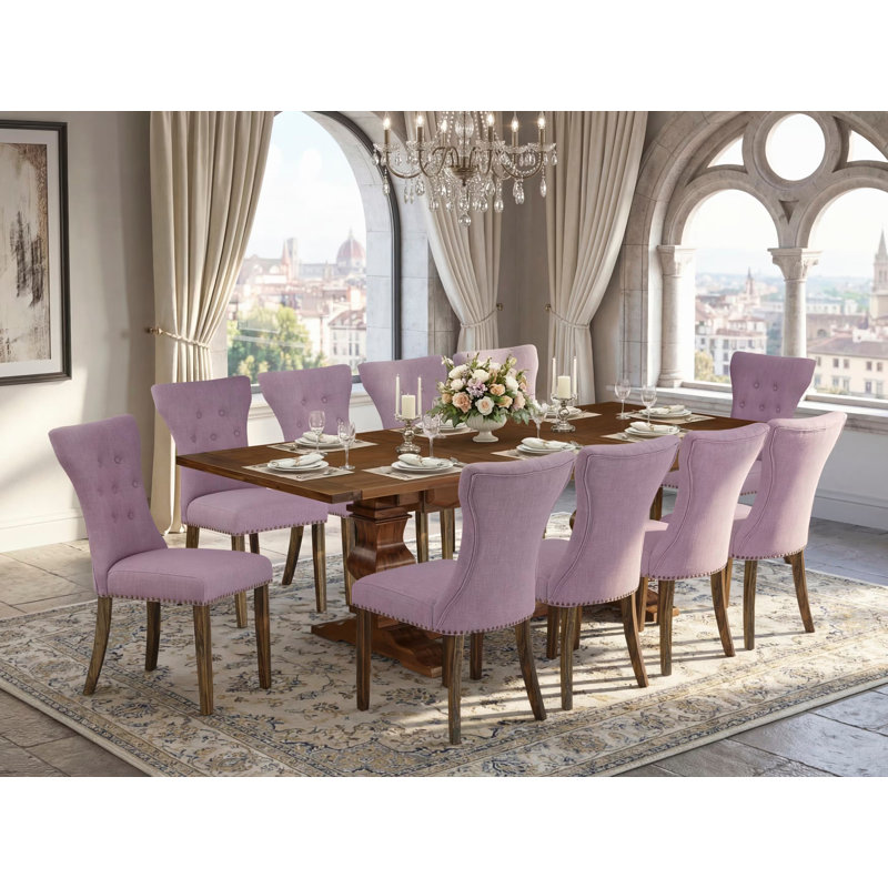 L'ensemble de table de salle à manger 11 pièces comprend une table rectangulaire en bois avec rallonge amovible et 10 chaises de salle à manger Parson en lin Dahlia, noyer antique