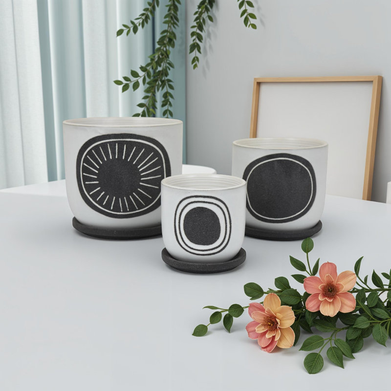 Meon 3Pc Garden Planter Set, Textured White And Black Ceramic Design