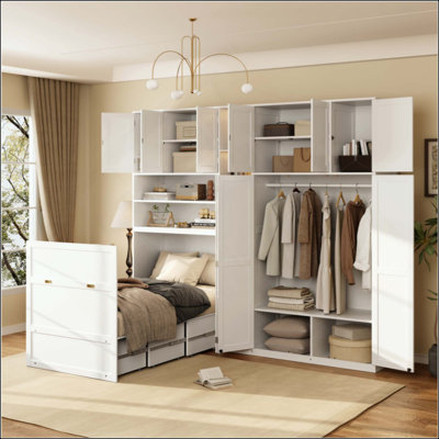 Murphy Cabinet Bed with Wardrobe & Storage Shelves, 5-Tier LED Display Shelves, Overhead Cabinets