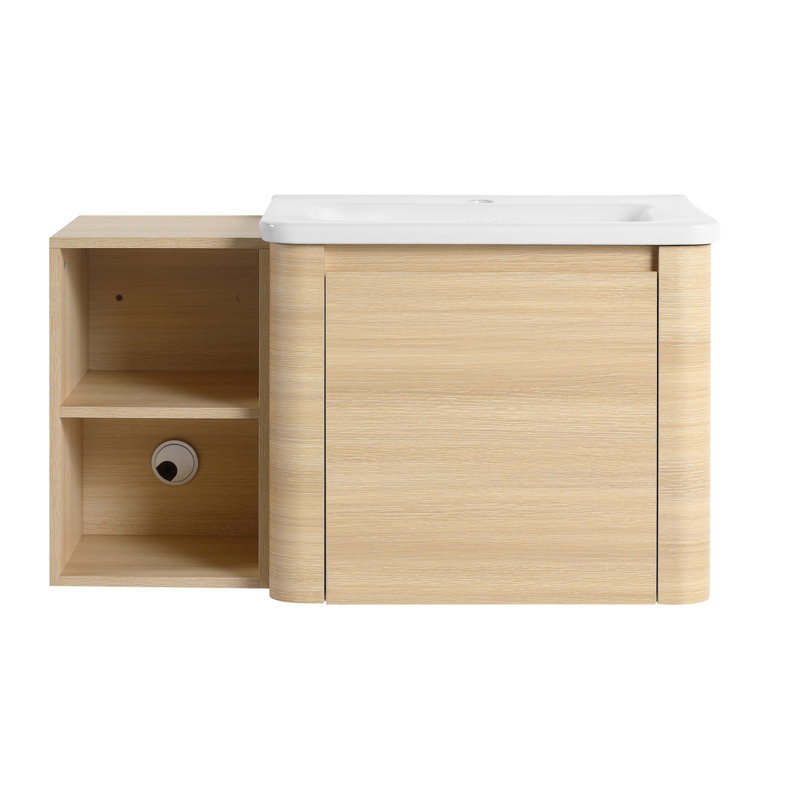 Meuble-lavabo mural moderne avec lavabo en céramique, tablettes de rangement en bois