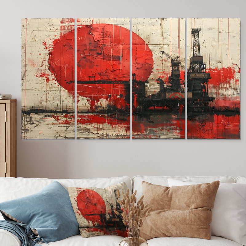 Red Black Petrochemical Pulse Oil Rigs - Ensemble de salon d'art mural, H 28 po x l 48 po