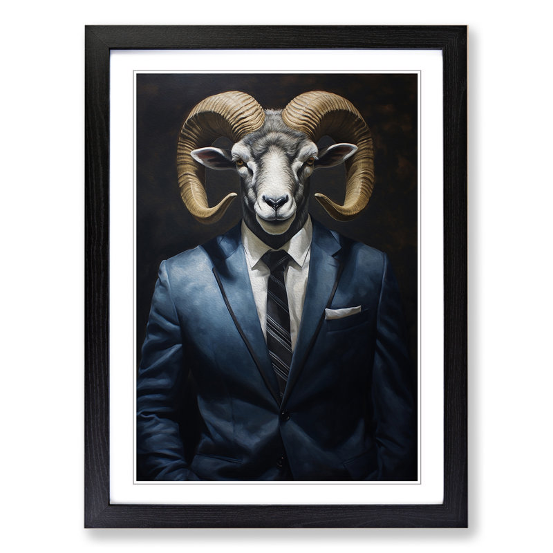 Ram Sheep in a Suit Painting - Framed Print, Black Framed, 64cm H x 46cm W