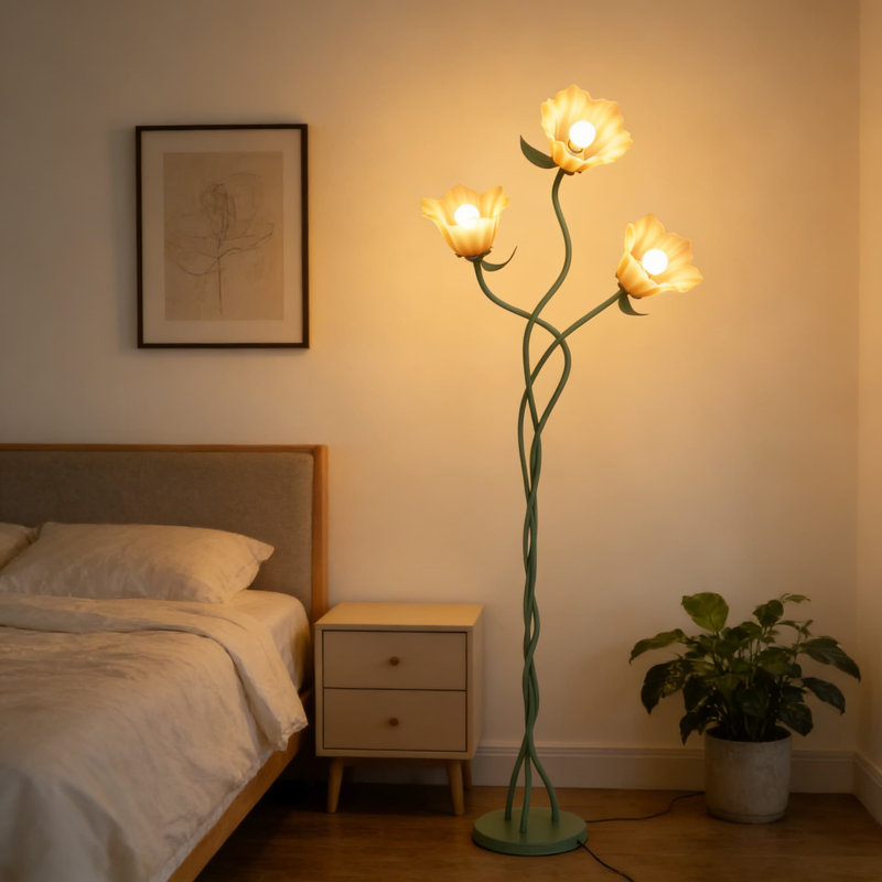 Lampe rétro sur pied avec col-de-cygne et 3 têtes de fleurs, 3 températures de couleur et fonction de mémoire pour le salon, la chambre à coucher ou le coin lecture