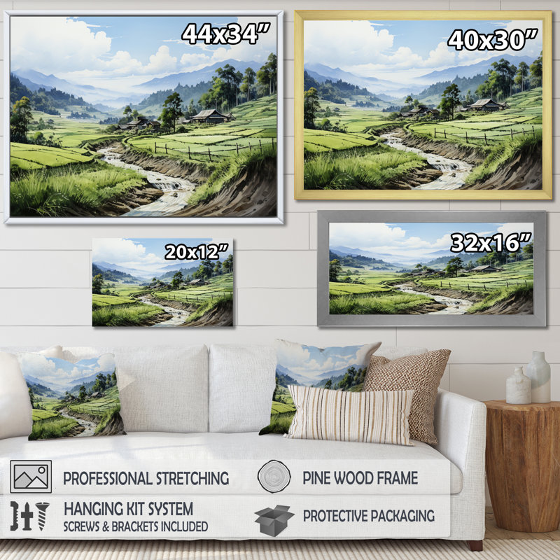 Campagne vietnamienne verte sur toile, H 34 po x l 44 po x P 1,5 po, Toile tendue
