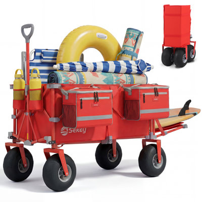 Sekey Heavy Duty Beach Wagon With 9" Big Sand-proof Wheels, 300l Oversized Foldable Beach Cart With Cooler| Adjustable Handle & Balloon Tires For Sand, Camping,vacation