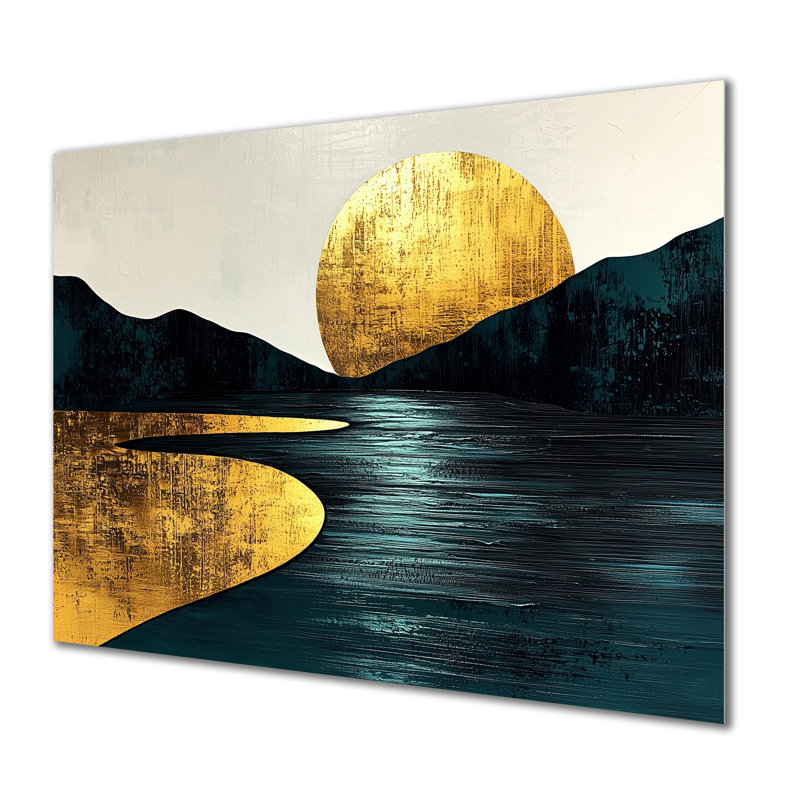 Rivière silencieuse audacieuse en harmonie dorée II - reproduction de rivière sur métal, H 12 po x l 20 po