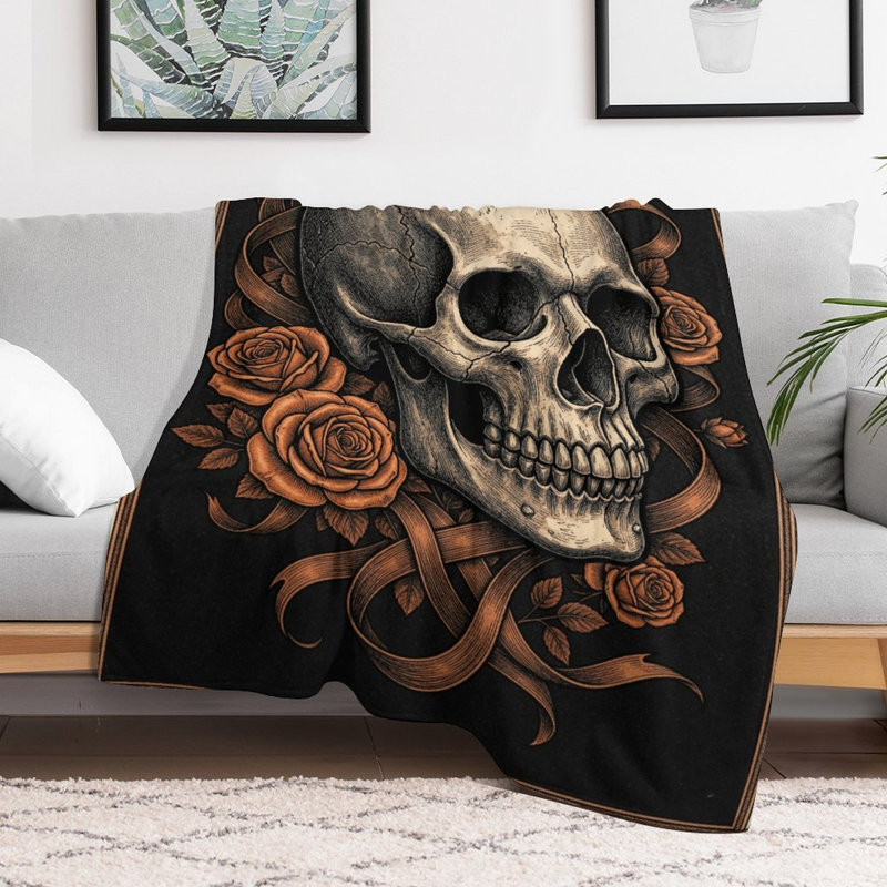 Jeté en flanelle Skull With Roses, 30 po x 40 po