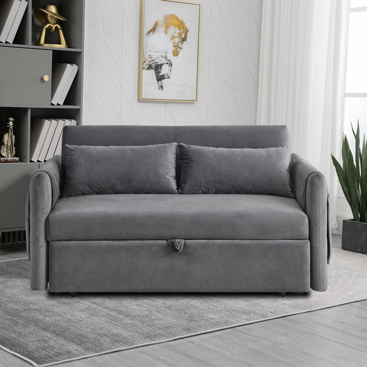 Convertible Velvet Sofa Bed with two Pillows and Adjustable Backrest