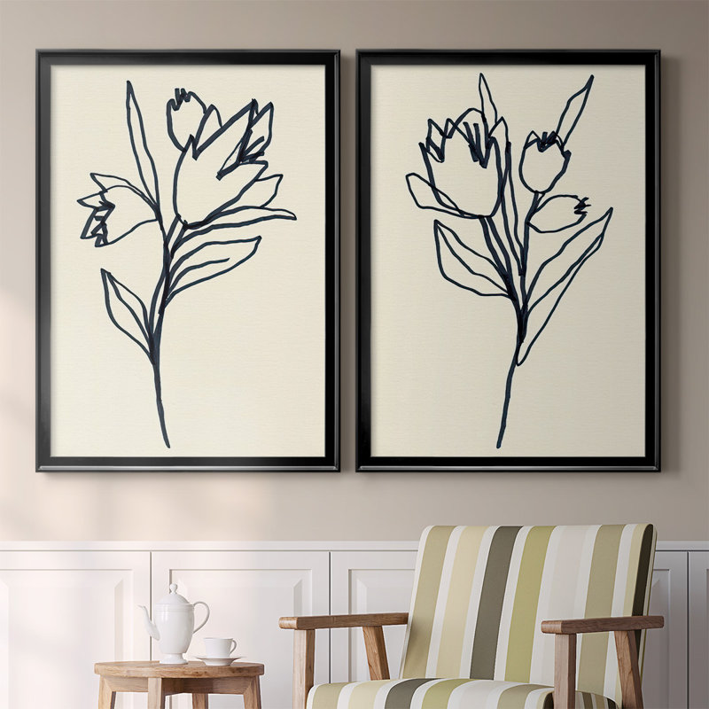 "Floral Marker I" Drawing Print Set , Black , 24.5" H x 37" W x 1.25" D