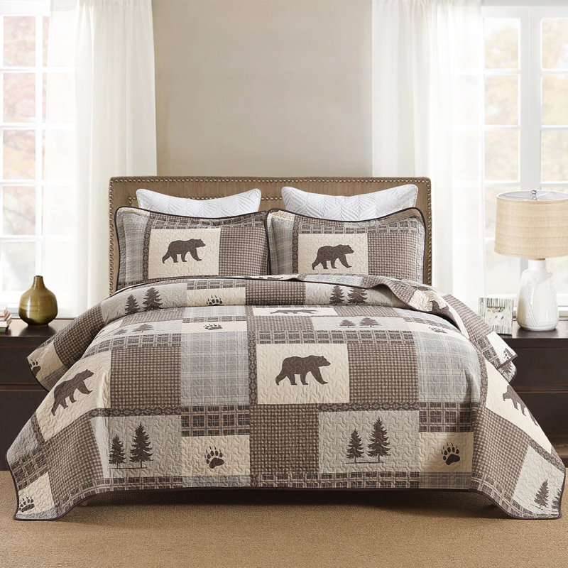 Ensemble de courtepointe 100% coton DDUOXIN Farmhouse Bear Forest, Courtepointe très grand + 2 taies décoratives