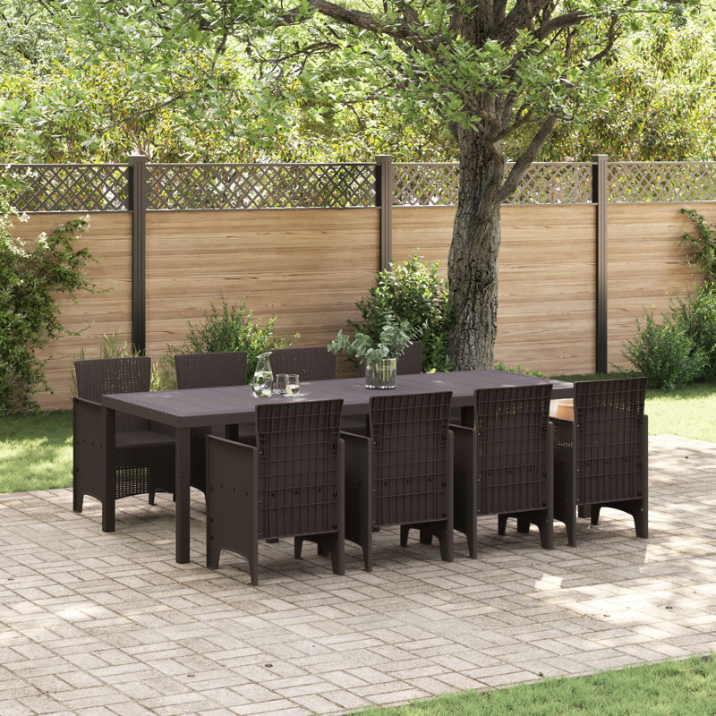 9 Piece Garden Dining Set Poly Rattan, 73cm H x 250cm W x 100cm D, Brown