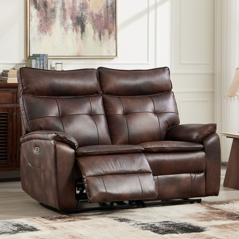 Canapé double inclinable électrique en cuir pleine fleur classique de 156 cm de large, avec port USB et poche de rangement latérale
