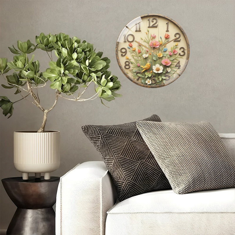 Yellowbird Among Wildflowers on A Floral Clock Art - 12'' Modern Glass Wall Clock