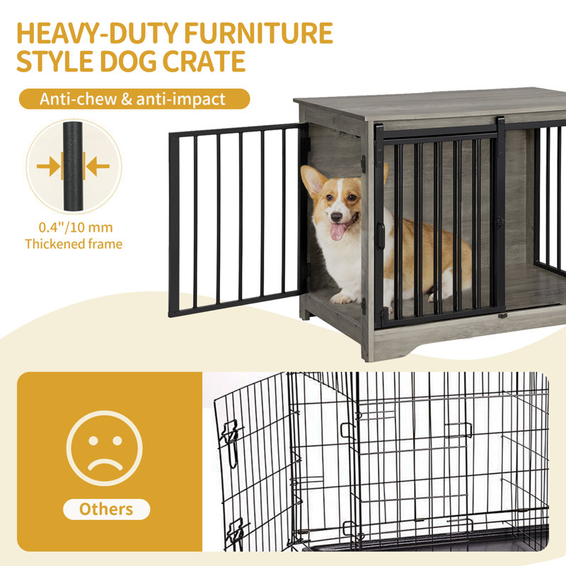 Dog Crate Furniture, Double Door Wooden Dog Crate with Barn Door, Indoor Kennel, End Side Table Animal Crates for Small Medium Large Dogs, Anti-Chew Anti-Escape