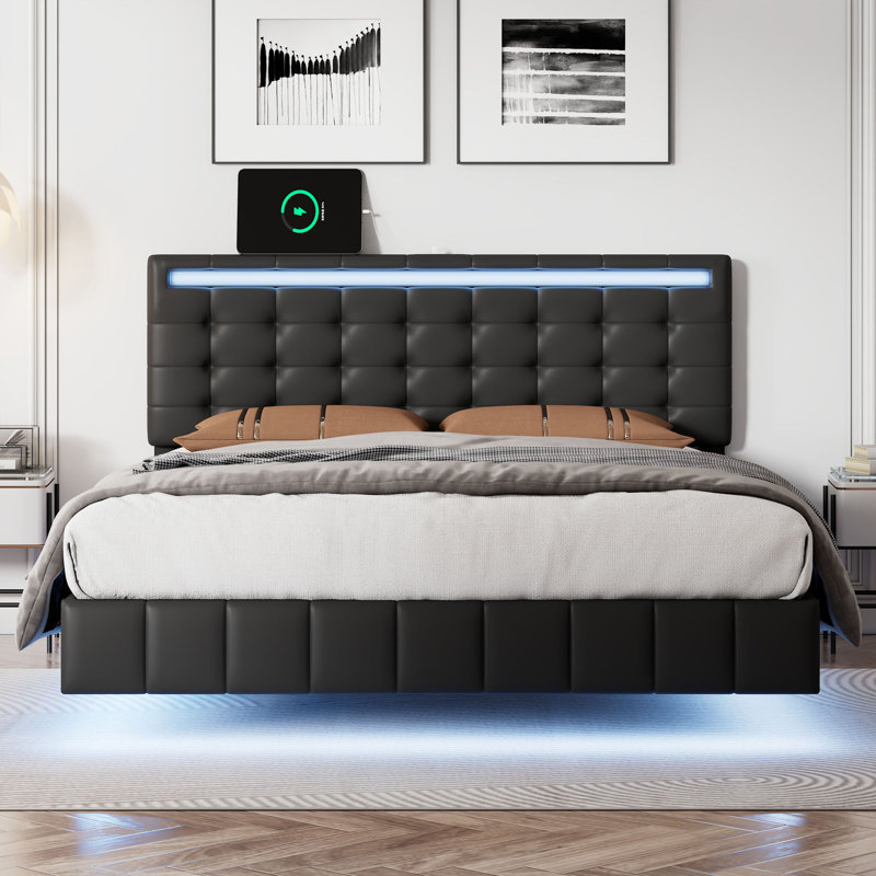 Size Floating Bed Frame With LED Lights And USB Charging,Modern Upholstered Platform LED Bed Frame,, Black, Full
