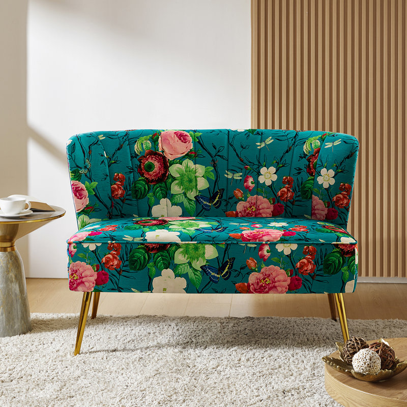 Alice Felicia Flora Printed Armless Loveseat with Metal Legs, Blue