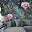 Papier peint amovible avec fond noir et fleurs roses-428462123
