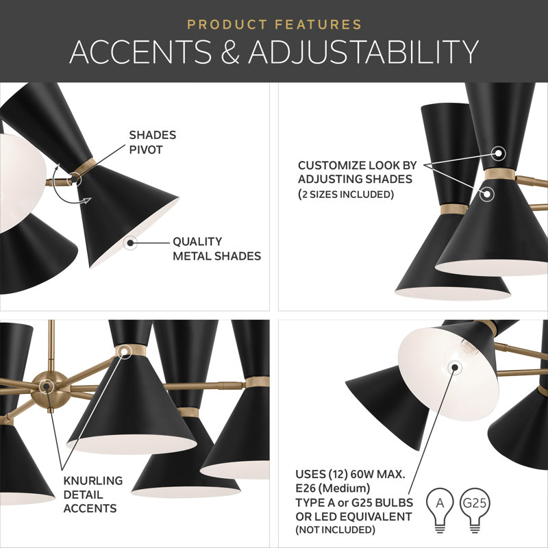 Phix 12-Light Steel Black Adjustable Chandelier, Black