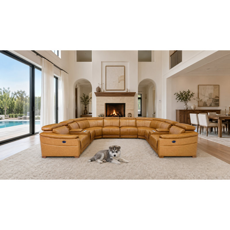 Merswanley Leather Match Large Seating Power Recliner Sectional, Ginger Leather Match