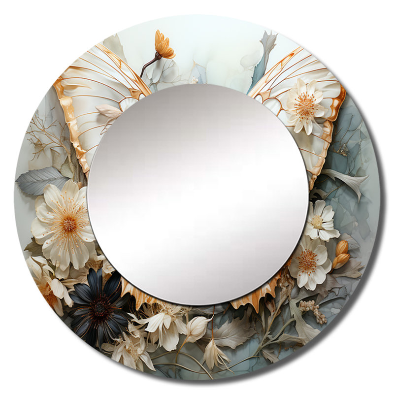 Motif complexe de papillon blanc et gris Sahaj - miroir décoratif papillon, grand miroir mural rond moderne, impression d'art en métal