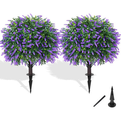 Artificial Boxwood Topiary Ball with Lavender, Set of 2 Artificial Shrub Bushes with Ground Spike