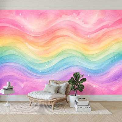 Wall Mural Peel and Stick Wallpaper Pastel Rainbow Waves Sparkling Stars Watercolor Retro Self-Adhesive Removable Contact Paper Wall Decor for Living Room Bedroom 100"H x 144"W