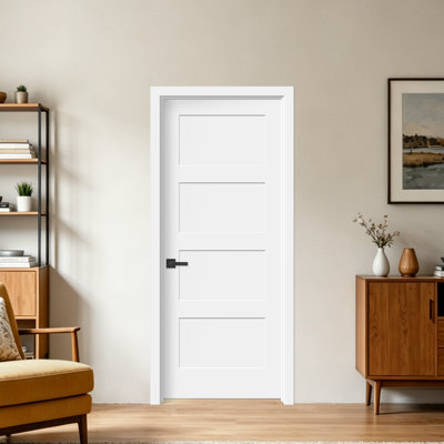 Porte intérieure en bois pré-suspendu blanc avec 4 panneaux et charnières (sans serrure de porte) apprêtée blanche